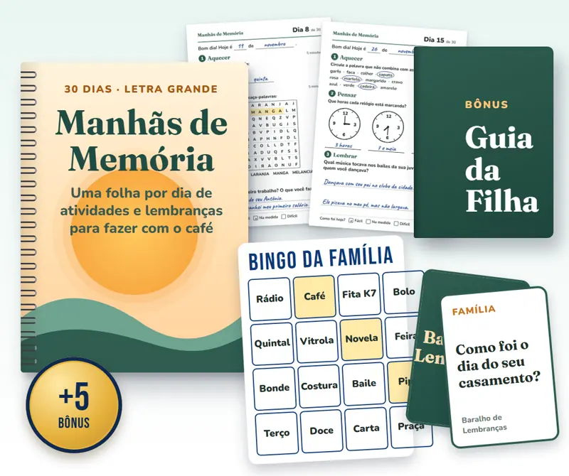 Caderno Manhãs de Memória com folhas, Bingo da Família, Baralho de Lembranças e Guia da Filha