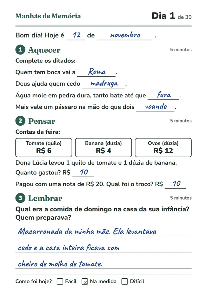 Folha do Dia 1: ditados, contas da feira e pergunta sobre a comida de domingo