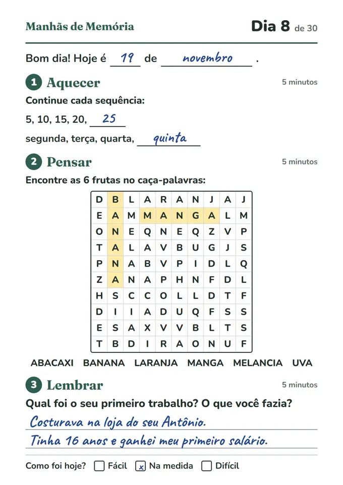 Folha do Dia 8: sequências, caça-palavras de frutas e pergunta sobre o primeiro trabalho