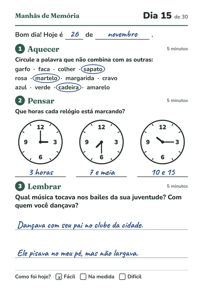 Folha do Dia 15: palavra que não combina, relógios e pergunta sobre os bailes